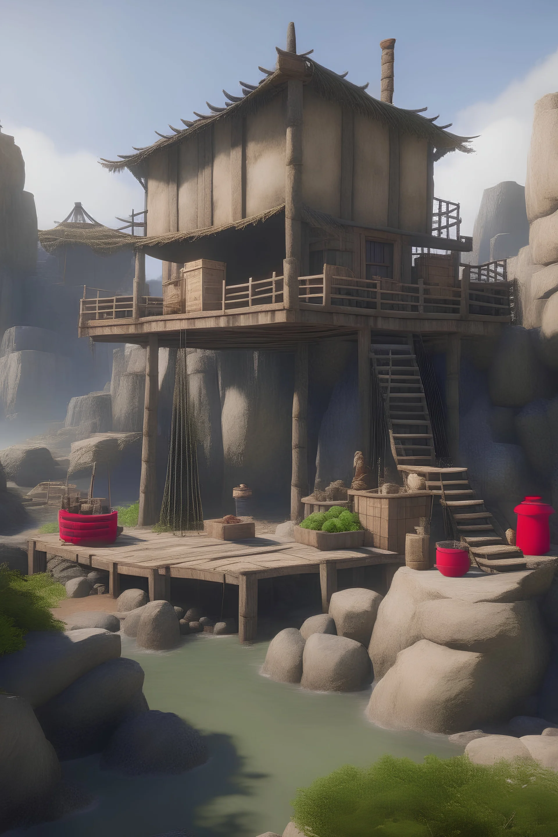 a pirate den builded on big rocks surrounded by myst