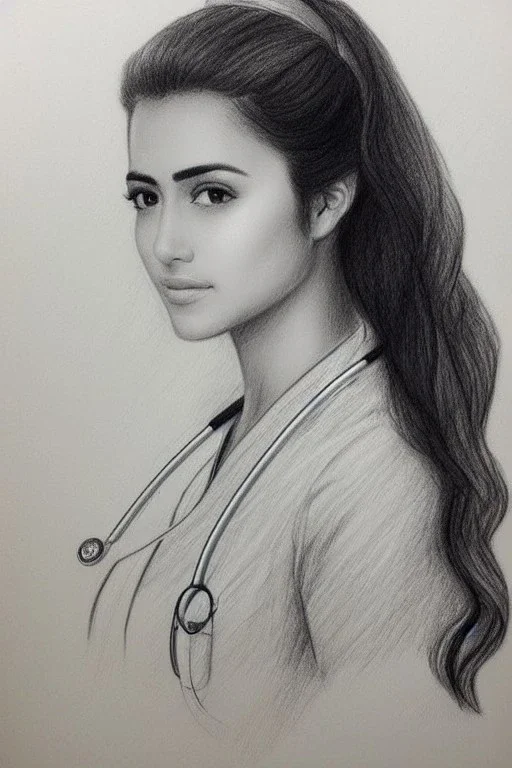 Pencil sketch of Young woman , nurse , Arab features,sad, long wavy hair, full body، on lined paper