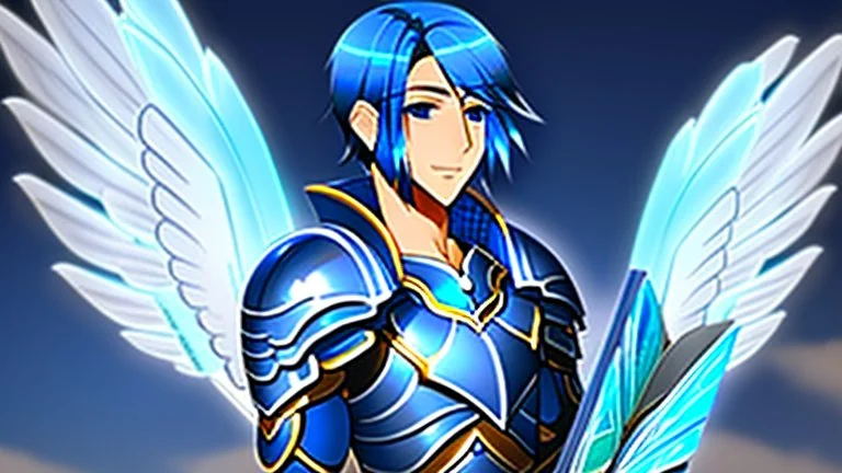 a human male with blue short hair and blue wings in assymetrical armor with geometric patterns and a book in hand