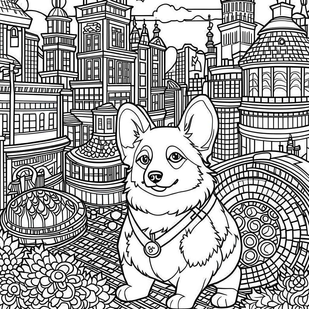 coloring pages for adults, Corgi, Quirky, In the style of Bravest Warriors, Urban city background, Excited Mood, Fine Lines, Low Detail, --ar 9:16