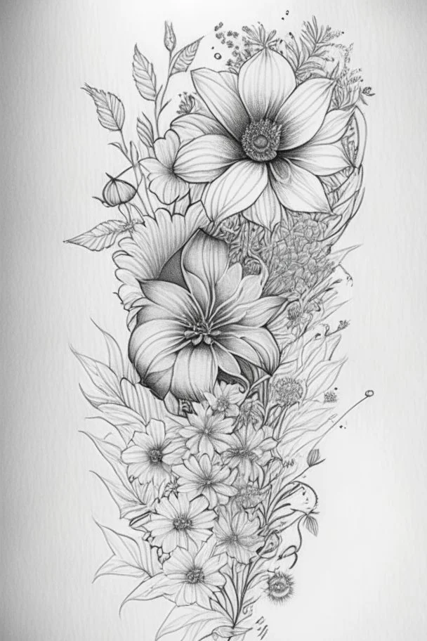 line tattoo design, flowers in a cirkel, detailed