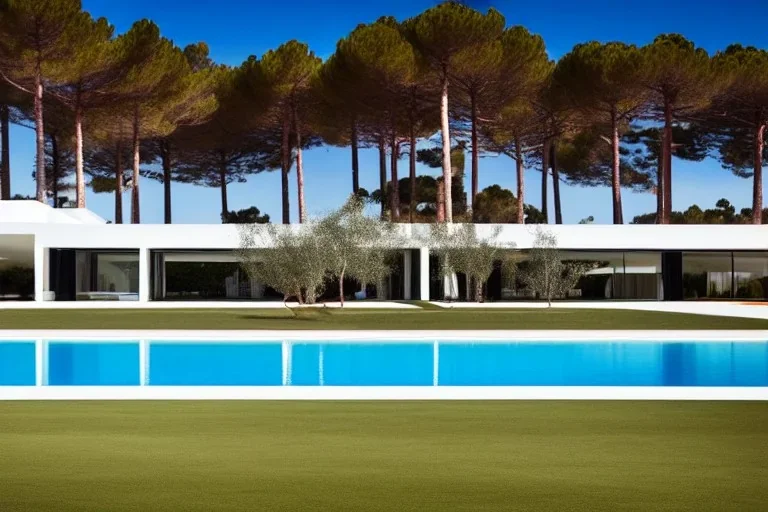 Day in quinta do lago, one straight line modern building of two floors on a slope of pine trees, with a 250 meters long pool, modernistic luxury architecture with white render, wood and dark metallic pergolas, sexy loungers by the pool, red Ferrari car and yellow lamborghini car