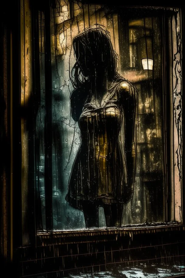 A dirty smudged window a old shop with reflections of a dark paris street light glinting off the surface of the window, reflection of an female figure