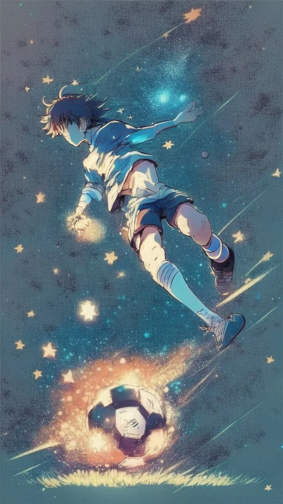 anime soccer player kicking the ball covered in stars