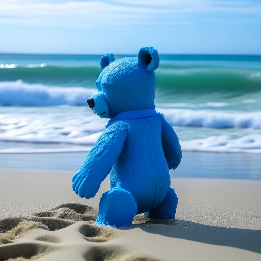 a blue bear is going the beach to swim