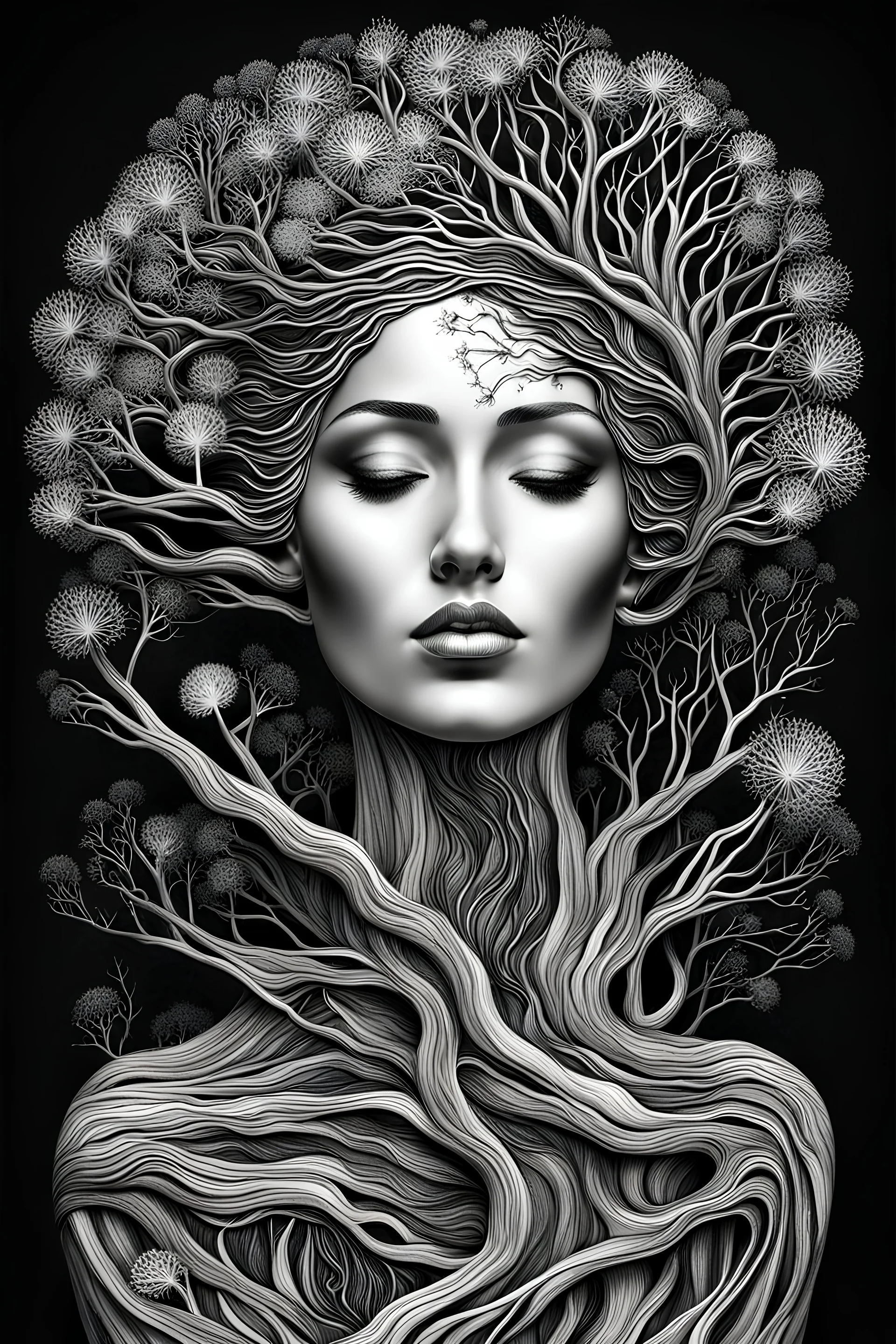 abstract illustration of a fractal inspired driftwood sculpture of a beautiful lady, dark and dry branches, harmony, holding a dandelion, intricately detailed, beautypunk, black and white, closed eyes, etheral, the smell of the hope, Style: isometric