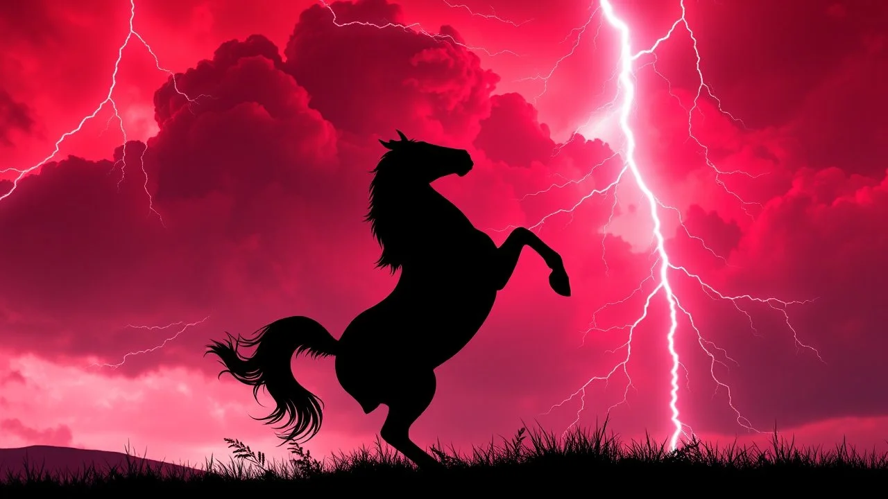 full silhouette of a horse rearing up(on right, facing left, outlined by lightning), red cloudy sky, lightning bolts(from top left, to bottom right), 3d illustration