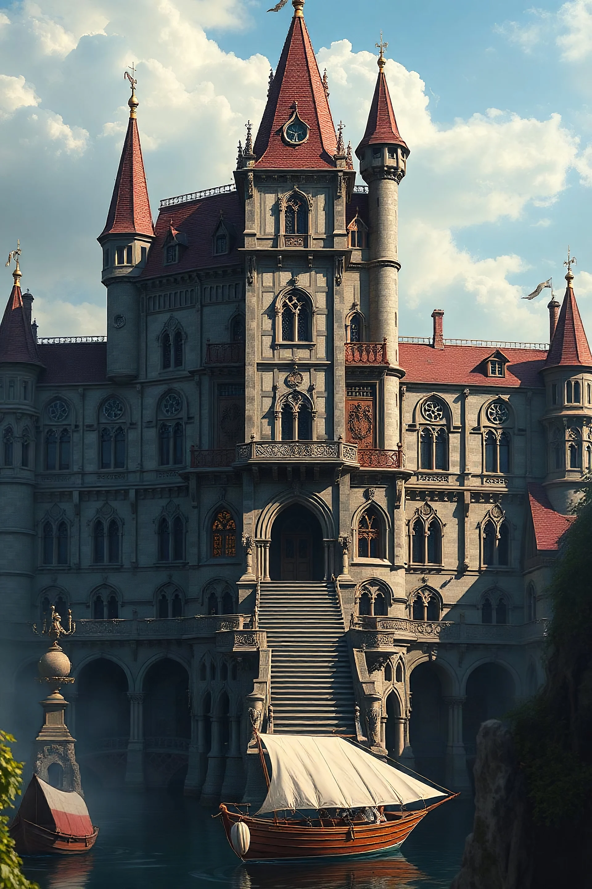 give me an image of a grand school of magic encompassing 9 different schools of magic, a library, a tower specifically for the archmage, and an adjoining boathouse floating in space. Let the architecture of the school be a renaissance castle