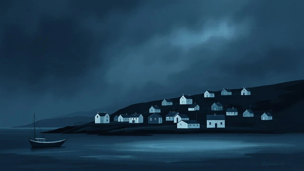 The image depicts a moody, abstract landscape featuring a coastal village. The scene is characterized by a palette of dark blues and grays, with stylized, simplistic houses in varying shades of white and gray. There are hints of warm colors, suggesting lights or reflections. The overall atmosphere conveys a sense of calmness mixed with a touch of mystery, set against a textured background that resembles turbulent skies and water.