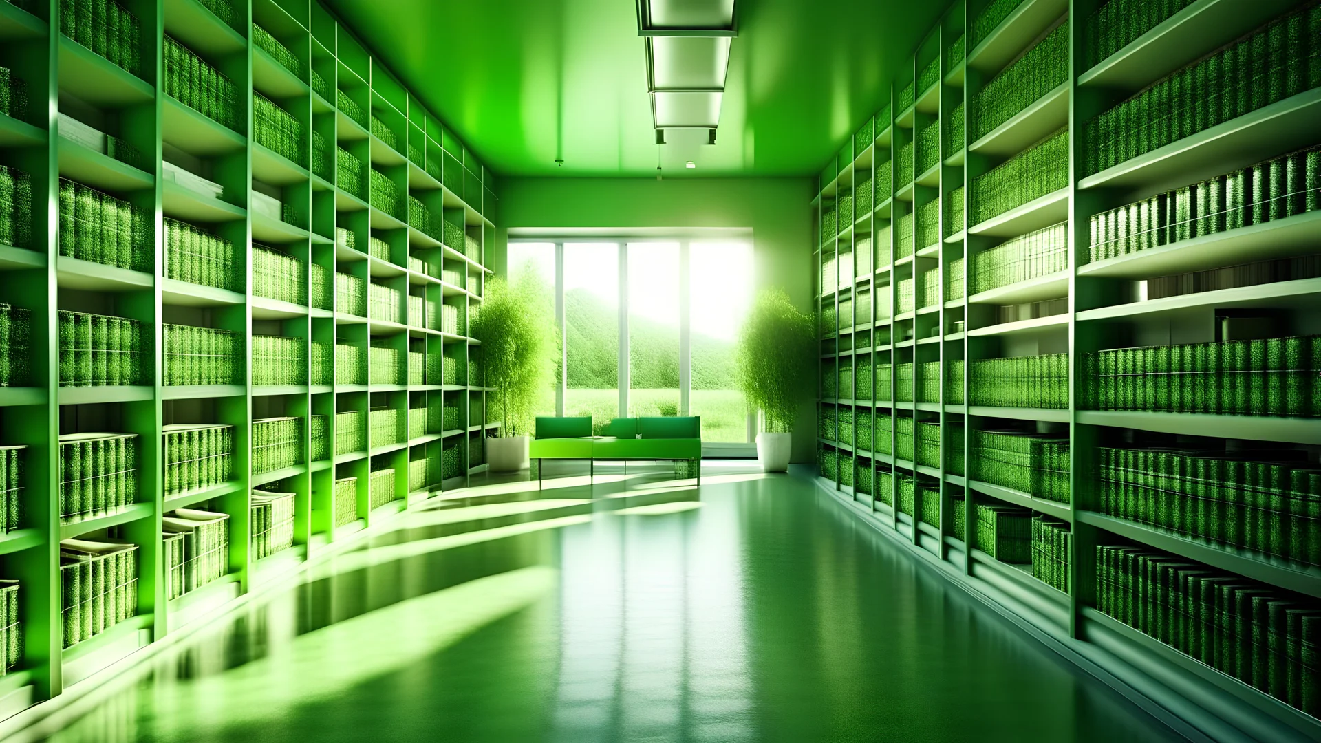 Modern green library interior with sunlight. Decor and desing concept. 3D Rendering