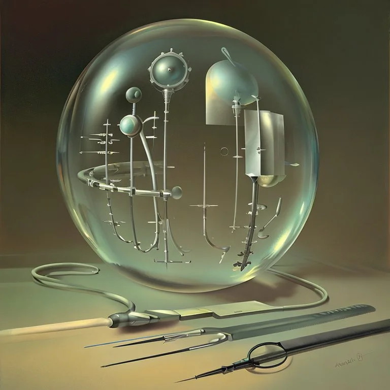 unverse-like Soap Bubble including complex surgical instruments mixed with musical instruments,Painting By Adrian Ghenie, Rene Magritte, Salvador Dali, Lucian Freud