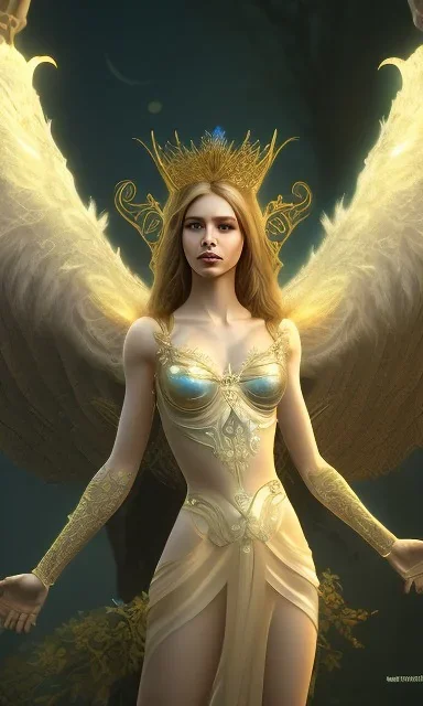 Female angel with beautiful perfect face big wings and golden crown floating above the ground in the dark enviroment, anatomically correct, michelangelo style, detailed, world of warcraft style, dark forest, trees, painting, brush strokes, 8k, dark forest in the background