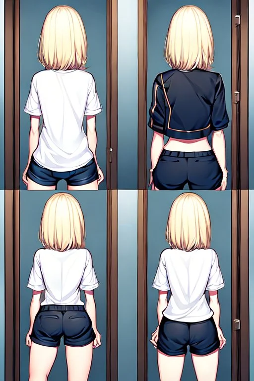 blonde girl with short jacket and shorts runs in a corridor, back view, line arts, manga style