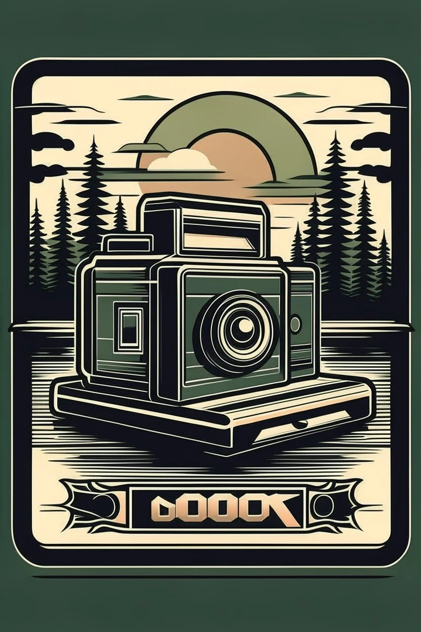 A classic Polaroid camera rests open on a wooden dock, overlooking a misty lake at dawn. AND WORDS\" ZOOM _NATURE \"IN WHIT LETTERS.THE BACK. Lush pine trees line the shore, with a lone loon calling out in the distance. Style: Vintage, Mood: Tranquil, Lighting: Soft, cool morning light, T-shirt design graphic, vector, contour, white background.