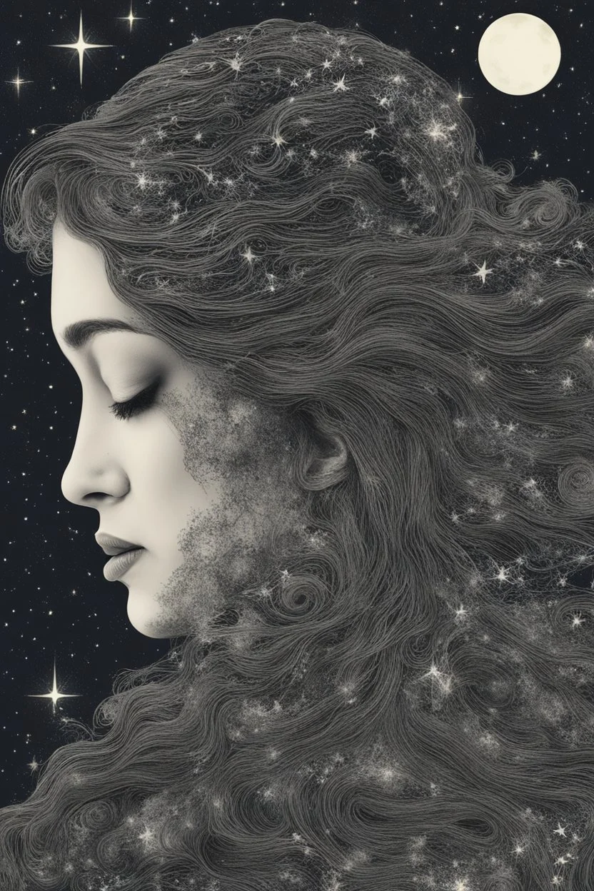 Double exposure of a female person's profile and a utopistic starry night sky, dramatic mood, dark depressive style, highly detailed intricate, surreal, stunning