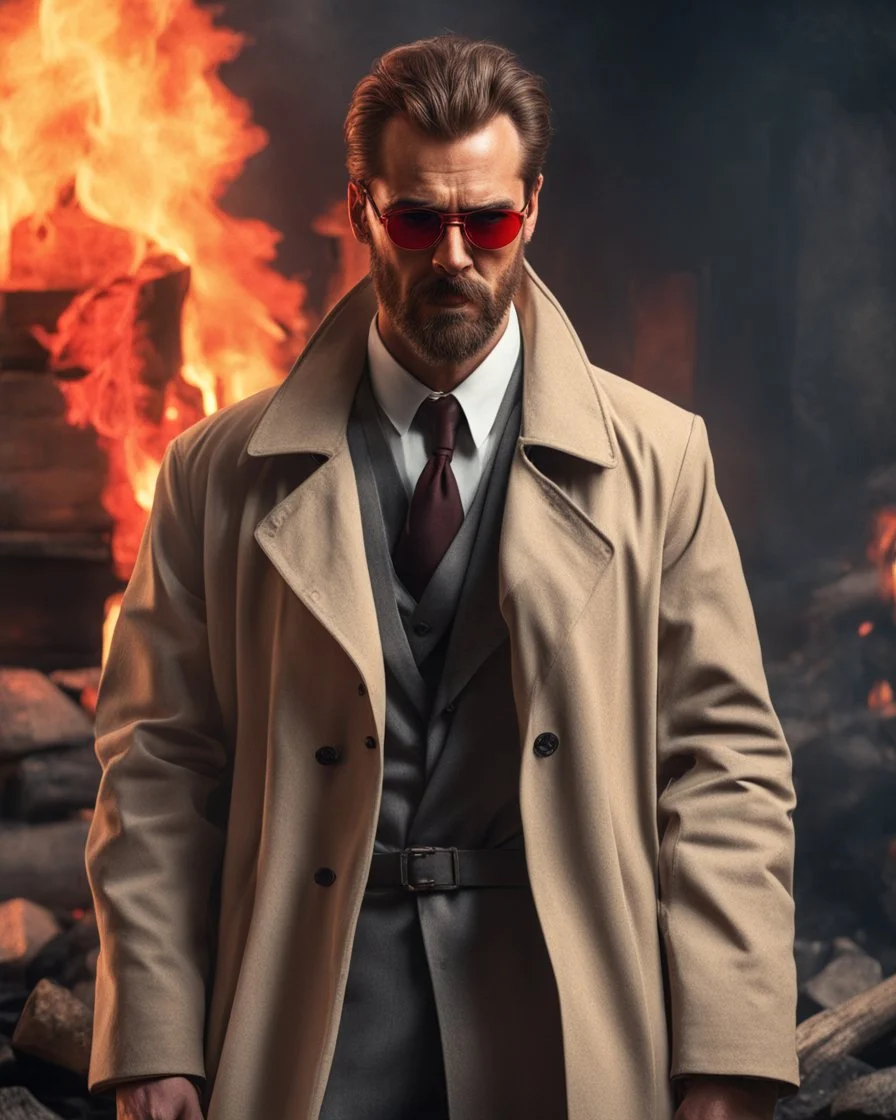 a young muscular man who looks like hans gruber wearing a trench coat and red sunglasses staring with an irritated look on his face standing in front of a fire