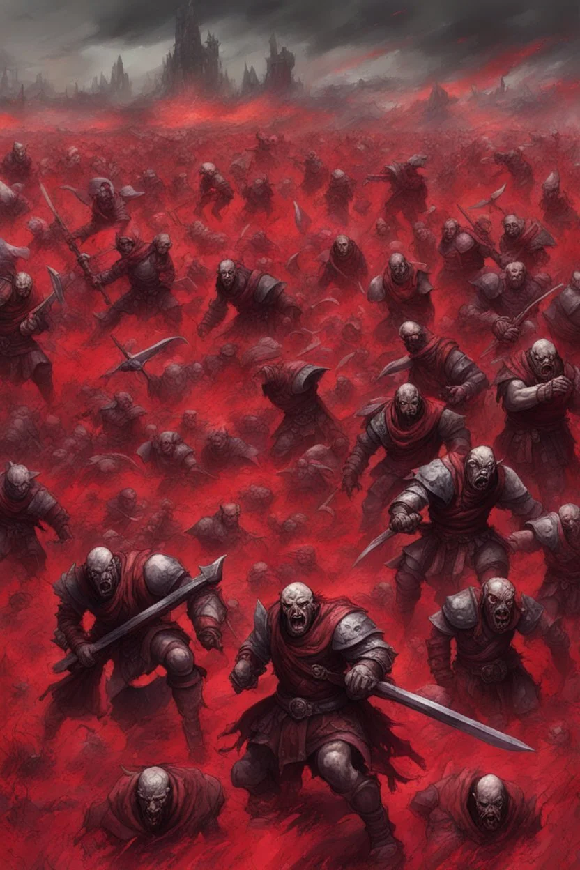 a red battle field with dead orcs