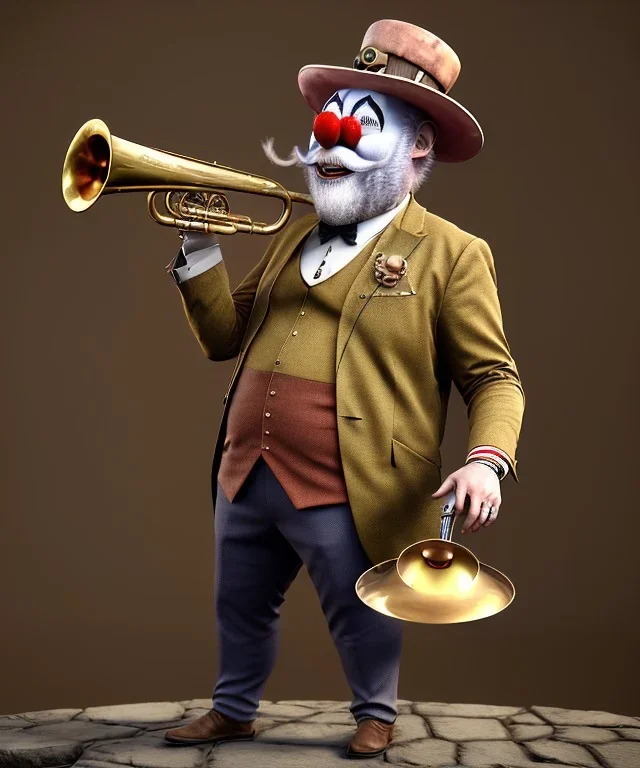 mechanoid old friendly fat clown with trimmed beard playing jazz with a steampunk theme, trumpet, realistic