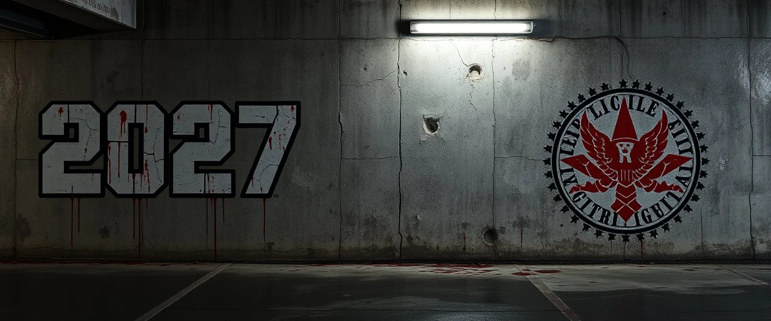 background of firing squad execution wall(wet textured concrete, gray, old, cracked, billet holes, blood stained, 1 wall light) from underground parking, german style, a large blocky upside down "2027" painted on left(old faded paint, red stains running down and past), cyberpunk, mural on right of Republic of Gilead logo