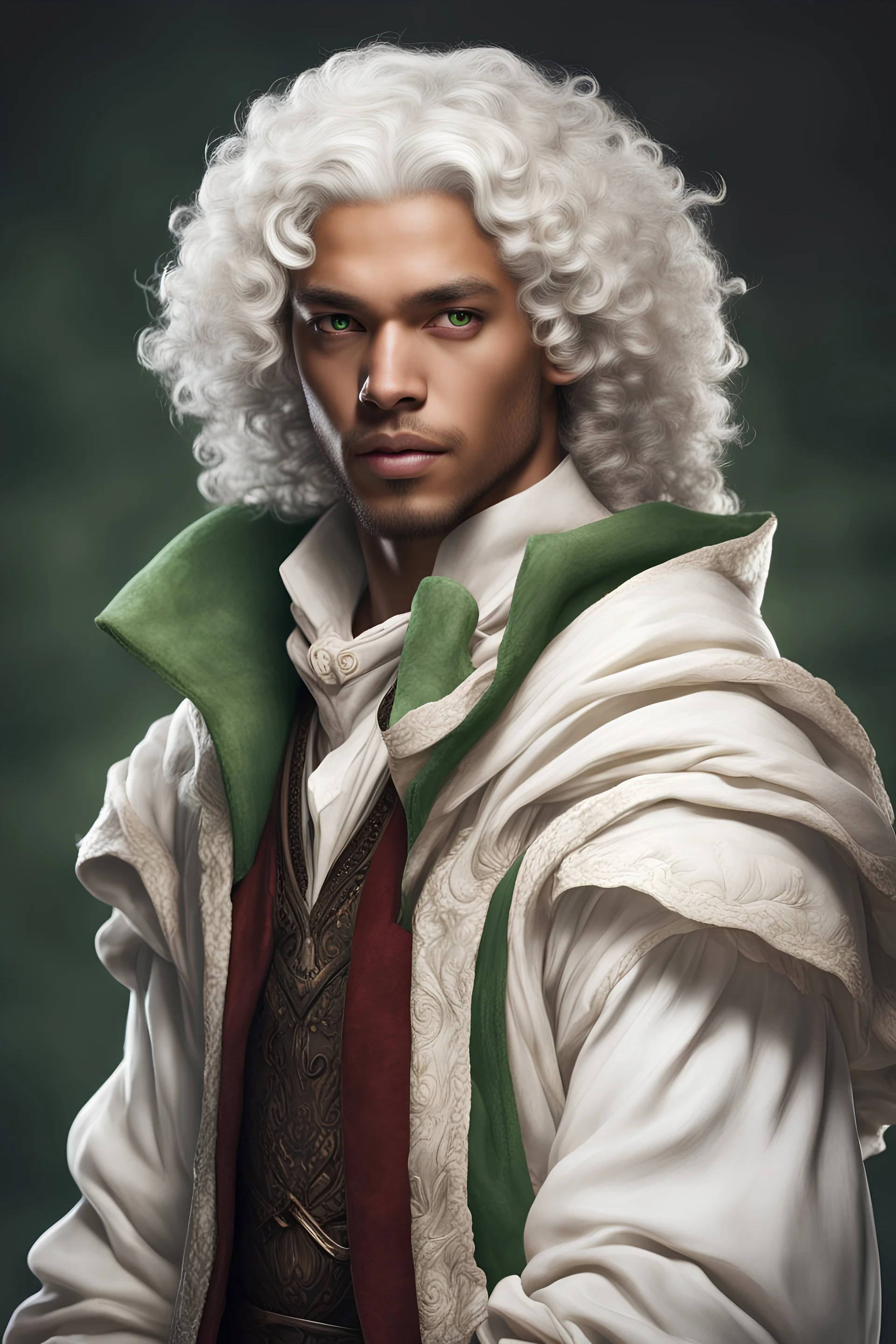 young mulatto man with green eyes and wavy snow white hair, dressed in epic commoner clothing