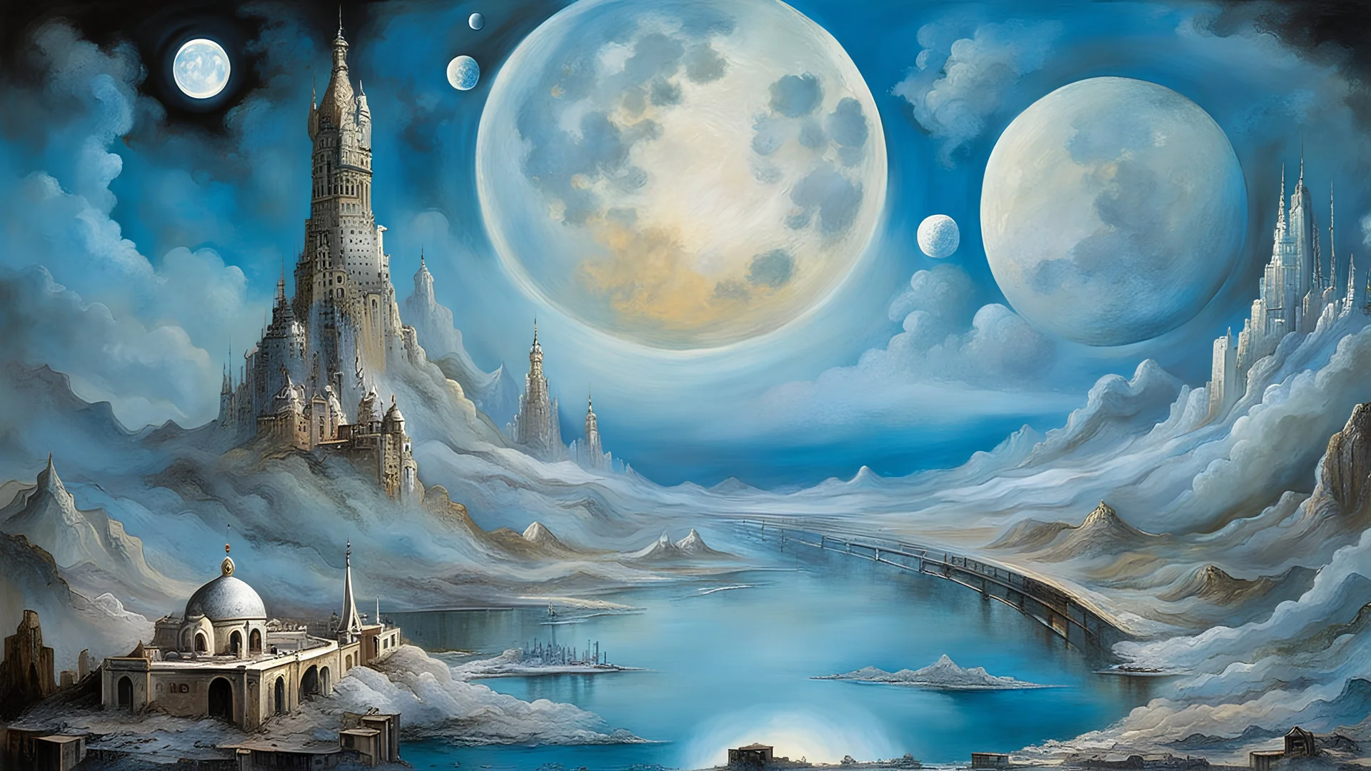 the giant shiny Moon on the sky, atars and glitters on the sky, etheral, mystic art, blue, silver, black colors, ethereal fantasy hyperdetailed mist style by dali, bosch, kandinsky