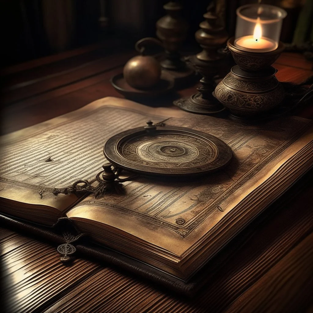 un grimoire ouvert posée sur une table, fantasy style