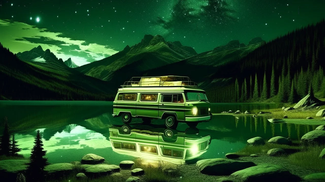 Old olive green Westfalia camper van camped by a crystal clear mountain lake, pop-up roof deployed, bonfire lit next to the vehicle, Northern Lights dancing in the night sky, star reflections in the water, wolves howling in the distance, magic realism style