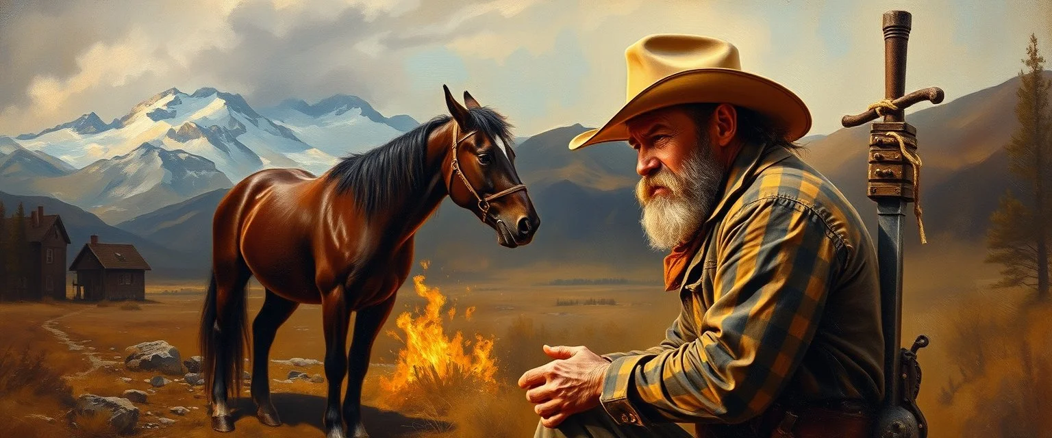 master oil painting by Rembrandt, klondyke gold digger cowboy