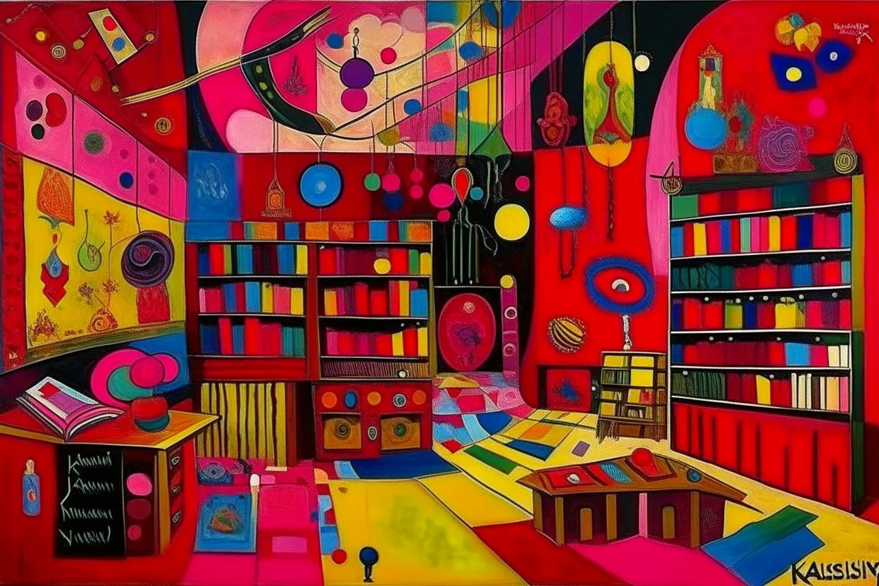 A magenta psychic library painted by Wassily Kandinsky