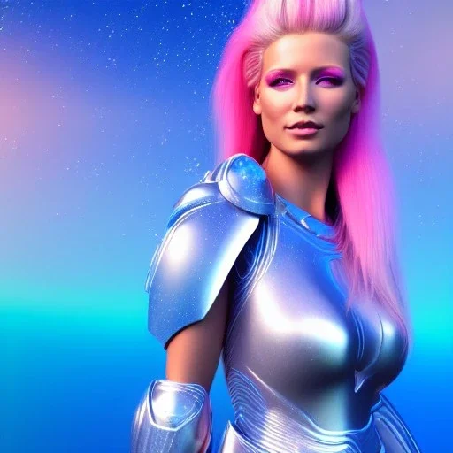 Beautyful woman,galactic , cosmic armor,hair long blond, blue eyes, happy cosmic, bright colors, blue, pink, realistic, photo real, clear sunny background, highly detailed, high contrast, 8k high definition, unreal engine 5, extremely sharp detail, light effect, sunny light background