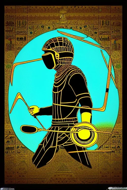 Photograph, HQ. Geometric 3D tiling on the background, Egyptian. Bronze color, Yellow, Black Cyan, Cyber-punk, full-mask, big old AKG headphones, golden rings & disc, fencing mask. Selfie archer. Asa Akira, lightly armored, electronic circuits. Thick tights, thick calves, bend fell, wide hip, flat belly. Ancient artifact attached. Perfect body. Matrix movie clothes, Silver leather area, tippet, latex. Wicked sneakers. Daft Punk, Tron Movie. Haute Couture. 1990's. Ancient telephone microphone.