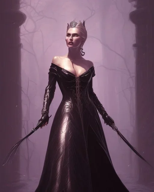 old evil queen in black leather gown, femme fatale, volouptous, busty, cleavage, angry, emperious, 8k resolution concept art portrait by Greg Rutkowski,