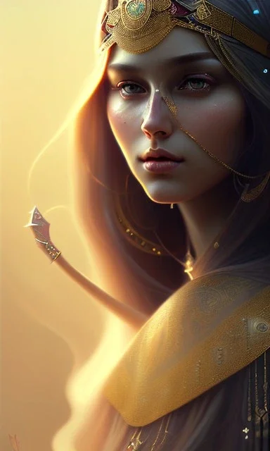 Arab princess , cute, beautiful, long hair, wavy hair, black eyes,Veiled، head and shoulders portrait, cinematic, 8k, resolution concept art portrait by Greg Rutkowski, Artgerm, WLOP, Alphonse Mucha dynamic lighting hyperdetailed intricately detailed