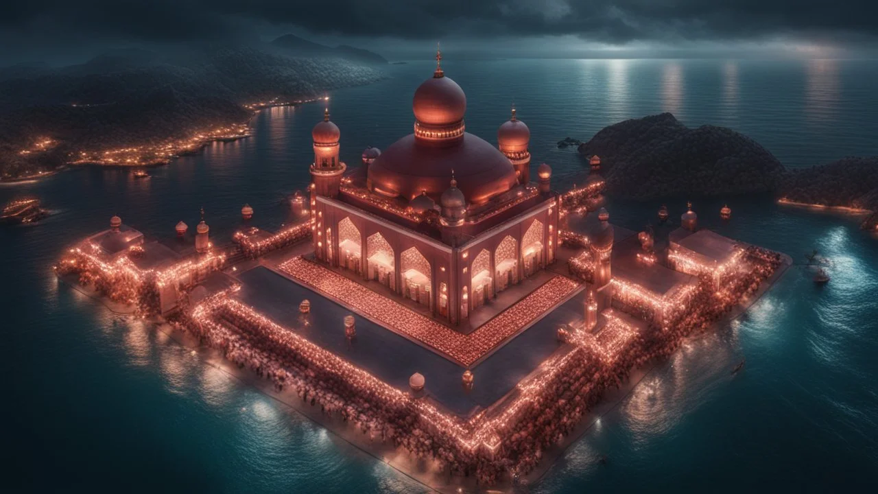 Hyper Realistic Aerial View of few men praying outside a Huge-Beautifully-Crafted-Maroon-Mosque decorated with garland-lights & lamps between an island with ocean-water-waves & mountains around at rainy-night with dramatic-&-cinematic-ambiance