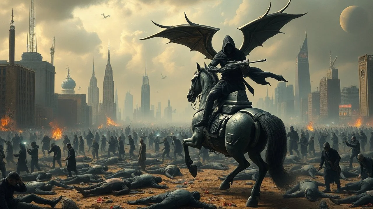 detalied cyberpunk interpretation of Bruegel's "The Triumph of Death", capturing the symbolic "harvest" of humanity. this is terror. A dystopian metropolis under smog sky, cybernetic soliders reapers are executing physical harvest many of humans citizens killed army of cyberwarrior androids and robotic soliders, many panicking run away people ,many bodies lying on the ground. a cyber-death warrior in black hood with futuristic gun on an mechanical robotic horse, thriller, detailed, cinematic