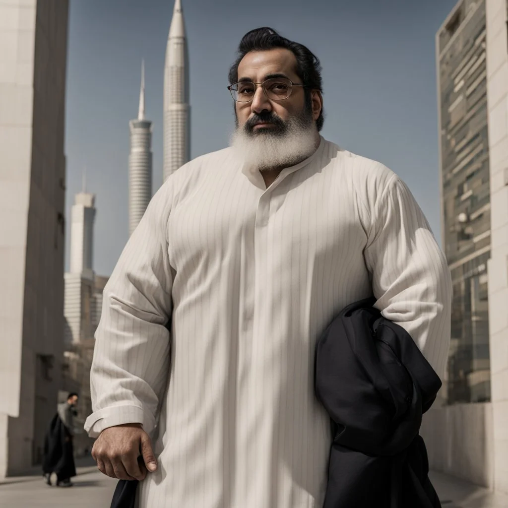 a Persian gay hairy big man in a modern street in Tehran with towers.