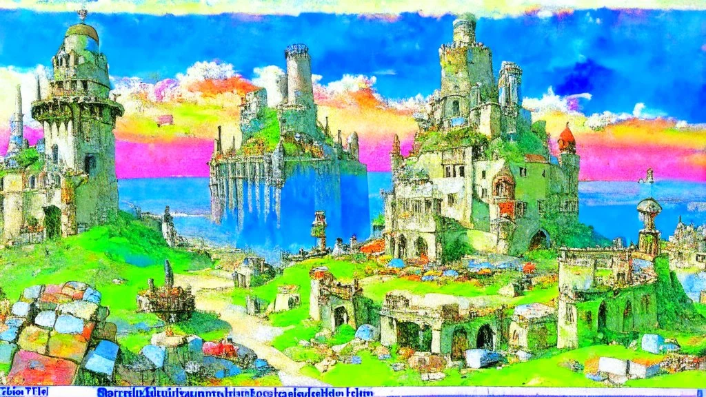 Destroyed City, medieval ruins, debris, stone, breched, brocken, Perspektiv from the sky, by Jean-Baptiste Monge, Ivan Bilibin, Albert Bierstadt, Reza Badrossama, watercolor, intricate details, fantasy, beautiful, oil on canvas, award winning, imperial colours, fantastic view, radient colours, very attractive, crisp quality