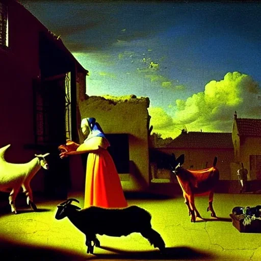 Neon colors with goats in the sky by Vermeer