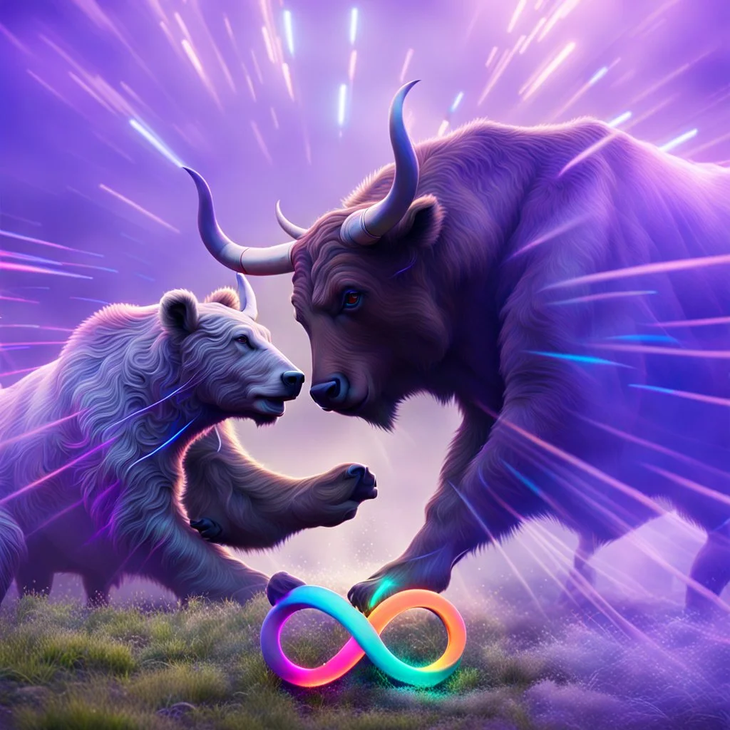 brightly coloured 3D infinity symbol ∞, bull with horns on right fighting with a bear on left, bull is winning, DSLR with a 80mm lens f/16 and a slow shutter speed of 1/15s, realistic photograph, striking, neon, vibrant, chiaroscuro, dramatic, captivating, high-tech, powerful, fantasy, beautiful, octane render, 16k post-production, award-winning photo: atmospheric: commanding: clarity: ultra quality: striking: brilliance: stunning colors: amazing depth