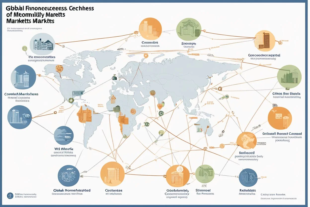 An infographic showing the interconnectedness of global financial markets, including stock exchanges, commodity markets, and bond markets.