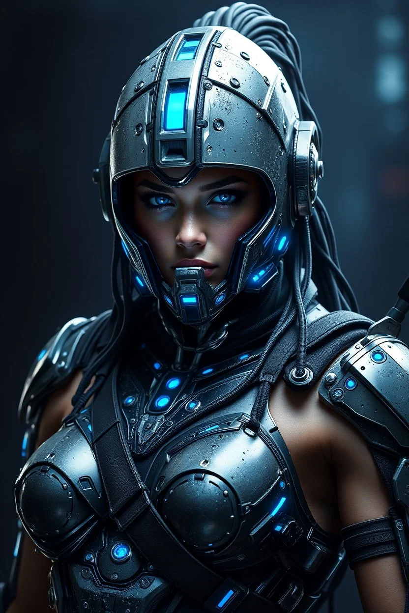 A cyberpunk warrior with a blue light reflecting in their cybernetic enhancements.