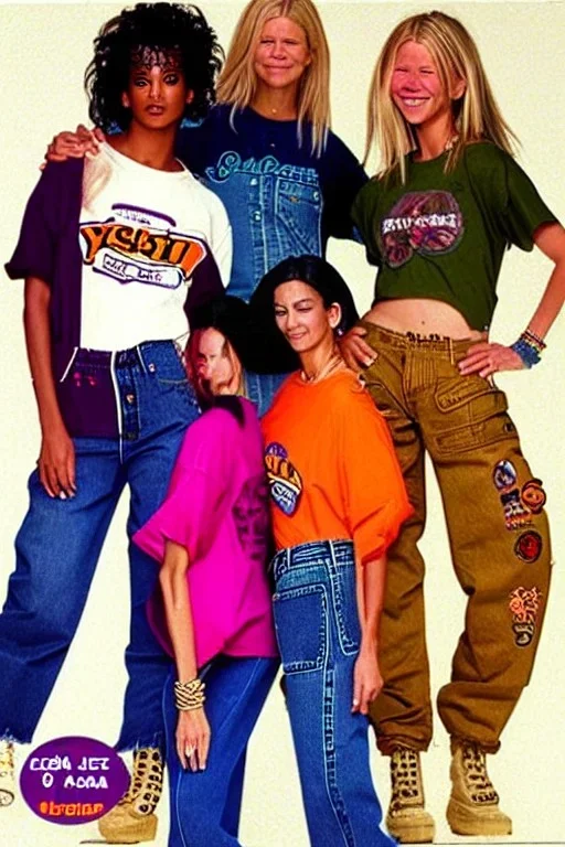 year 1996 denim fashion. Loose fit, low waist, baggy, Combat pants and t-shirt. Colors: denim blue, blue, purple, khaki, light green, lilac, plum, orange, terracotta, red, pink, dark blue, beige. Women models. Patterns: cheetah, balls, stripes.Jennifer Lopez, Gwyneth Paltrow, . Big tennis shoes on. Cargo pants. leg warmer