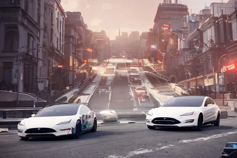 A Tesla 'Model Y' is racing at top speed, on the streets of San Francisco. (CINEMATIC, WIDE ANGLE LENS, PHOTO REAL)