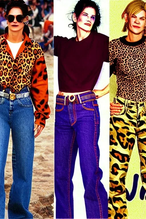 year 1997 denim fashion. Combat pants, Loose fit, low waist, baggy. Colors: denim blue, blue, purple, khaki, light green, lilac, plum, orange, terracotta, red, pink, dark blue, beige. Patterns: cheetah, balls, stripes. Women models. Sharon Stone, Sandra Bullock, Winona Ryder, Milla Jovovich, Big tennis shoes on. Latex in small part, areas, clothes..Combat pants. Leg warmers.