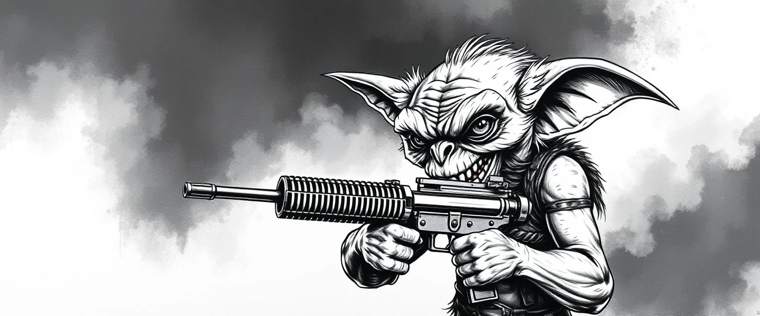 airbrush with pen outline, mongrel goblin gremlin holding uzi