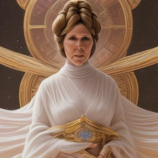 hyperspace background, complete and photo realistic detailed head to waist stunning photo realistic portrait of carrie fisher as Princess Leia in star wars with photo realistic updo hairstyle by Mandy Jurgens and mucha and Richard Schmid and chuck close and chie yoshii, extraordinary and detailed ceremony dress of star wars,brown eyes