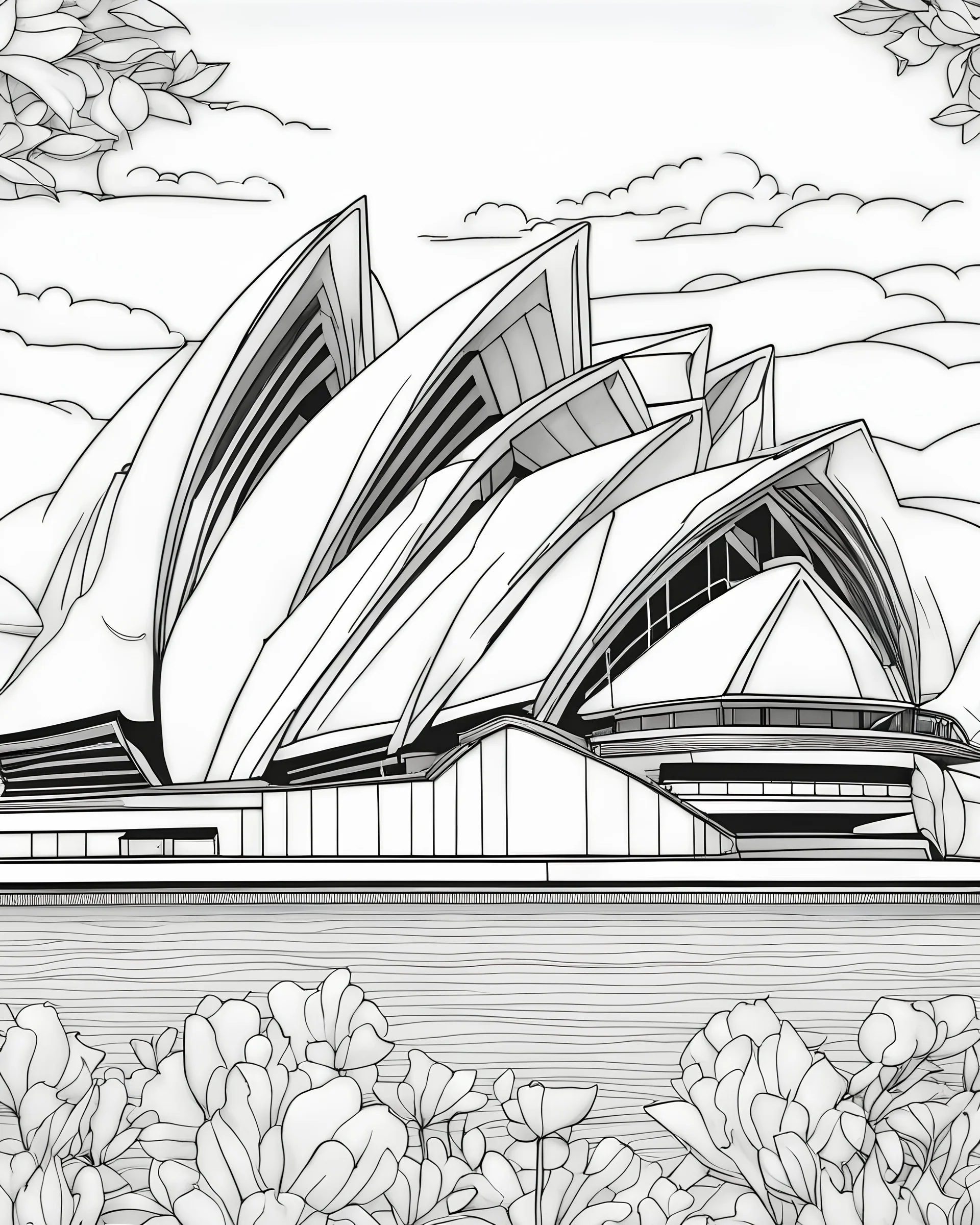 a coloring page, depicting the Sydney opera house, full page, full view, black and white, line art, outline, highly defined lines,