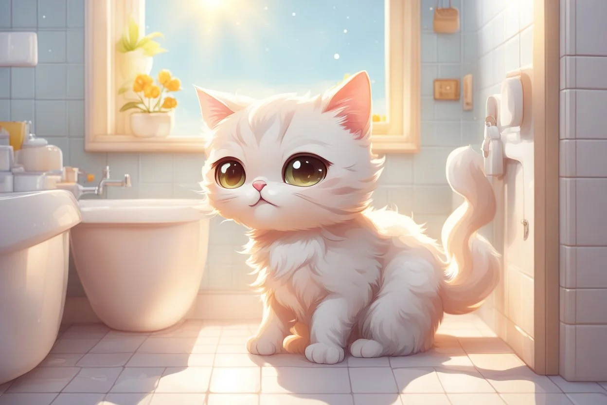 cute chibi cat in the bathroom in sunshine