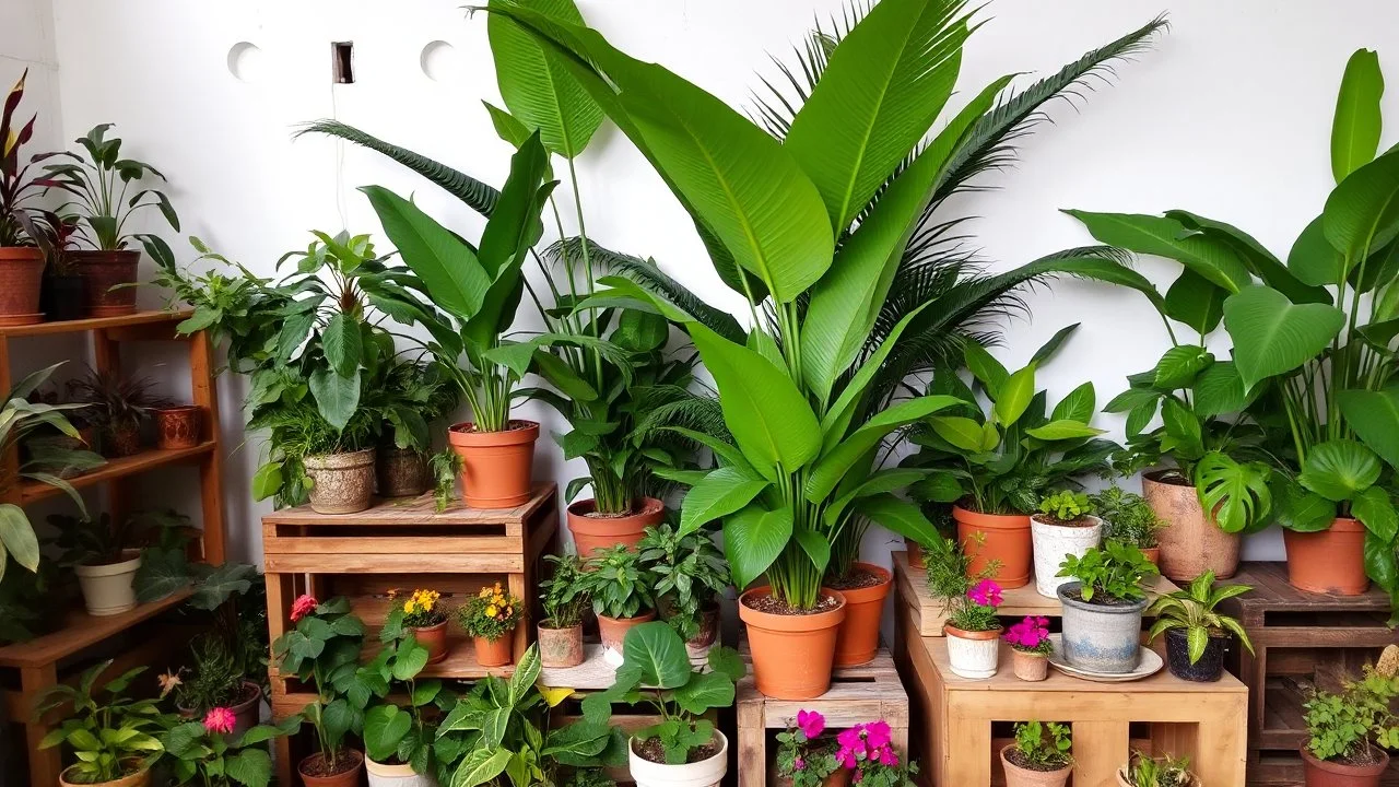 A photo of an indoor jungle with a variety of tropical plants. There are large plants with big leaves, like palms and ferns. There are also smaller plants with colorful flowers. The plants are placed in pots of different sizes and shapes. The pots are arranged on wooden shelves, crates, and the ground. The background is a white wall with a few holes.