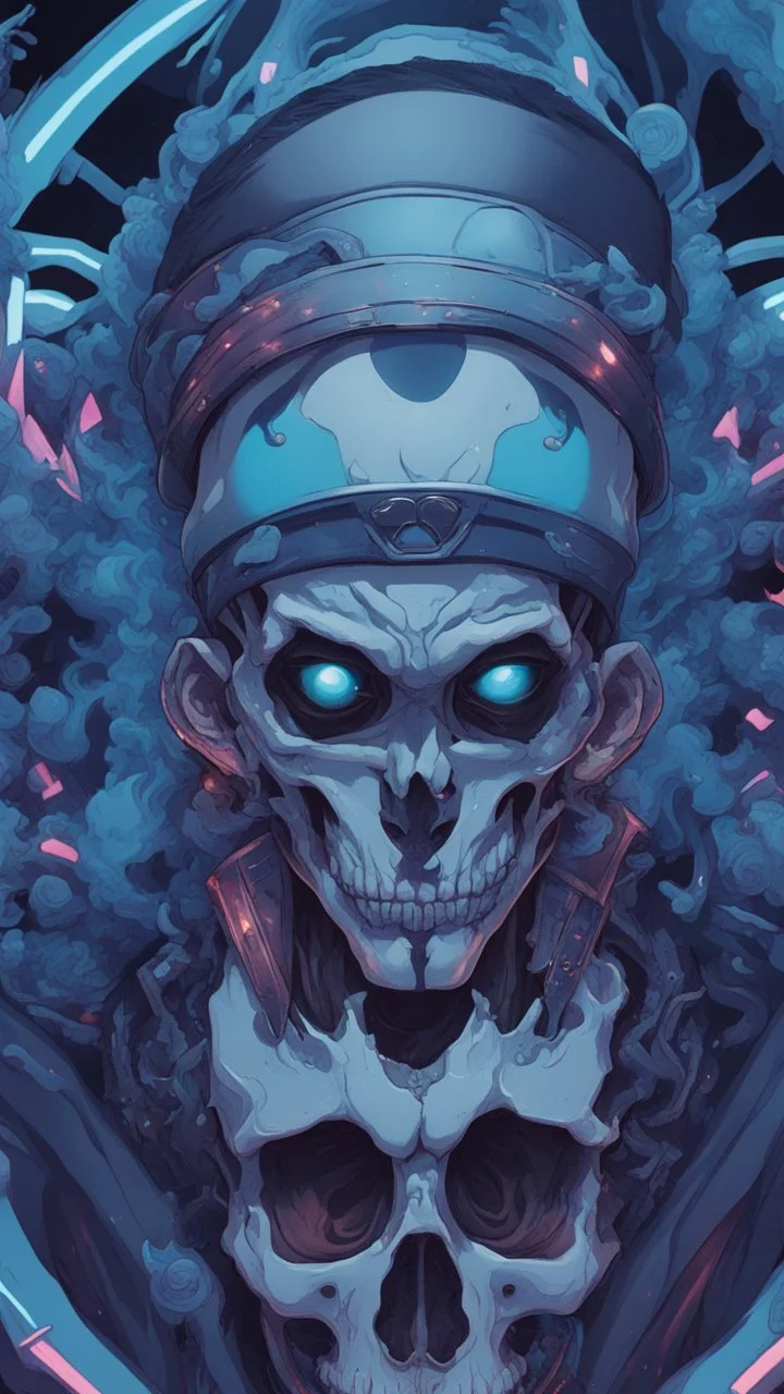 a close up of a person with a skull on their head, blue and black colors, anime skull portrait man, scary detailed art in color, hiroyuki-mitsume takahashi, nychos art aesthetic, half man half skeleton, anime cyberpunk art, colored manga art, rossdraws pastel vibrant, cold colors. insanely detailed, beautiful anime portrait, stunning anime face portrait, scary art in color